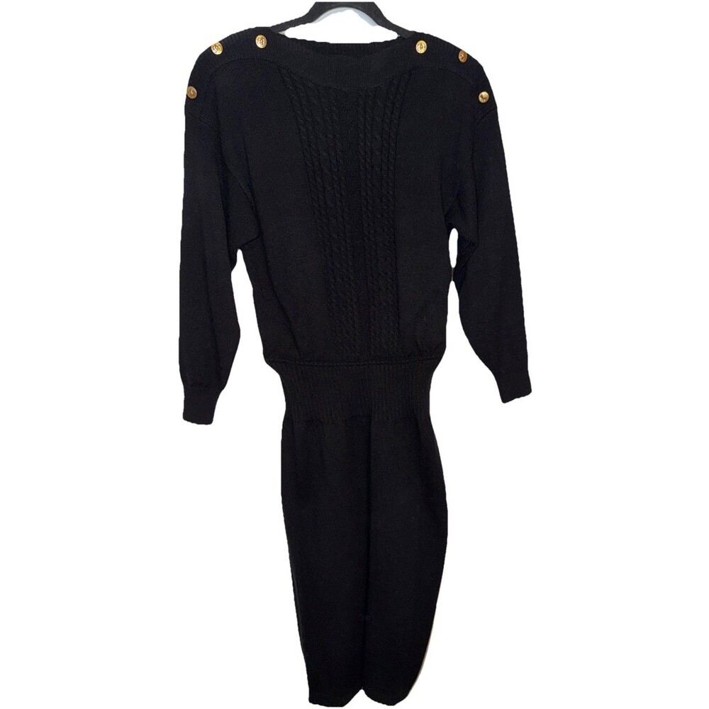Vintage Plain Jane Sweater Dress Black Gold Buttons Cable Knit 80s 90s Classic M